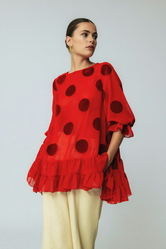 Blusa de Invitada Lolita Small Rojo Gasa Lunar.