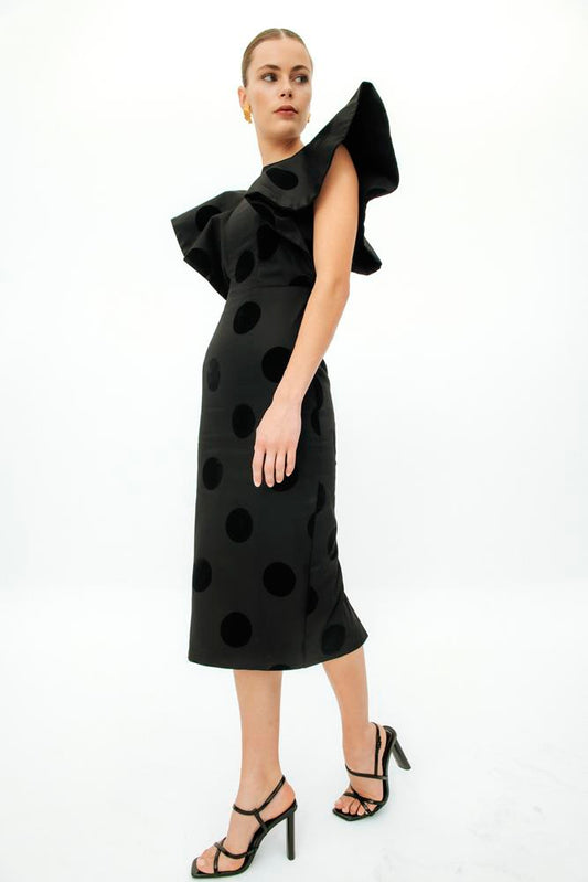 Vestido Rociana negro midi con volantes y lunares