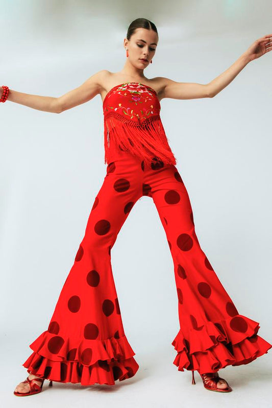 Pantalón de lunares rojo talle alto invitada Carmen