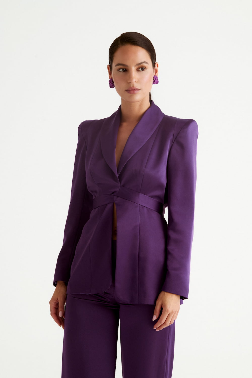 Pantalón recto traje morado de satén
