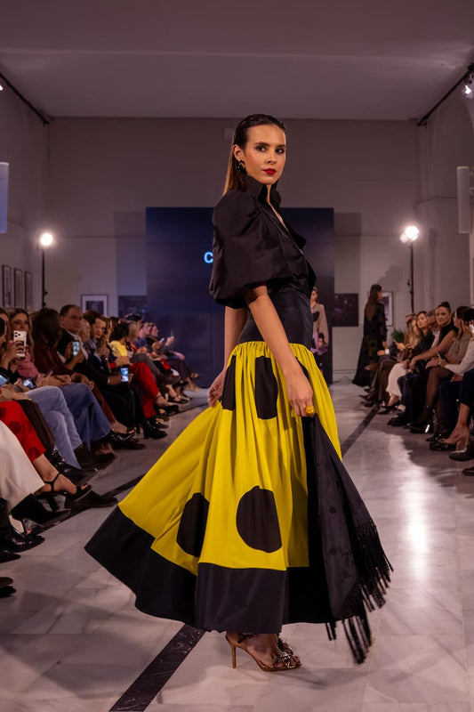Falda con musetta en tafetán amarillo lima y negra