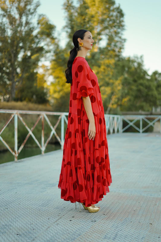 Vestido de Invitada Canastero Gasa lunar Flocado Rojo VOLVER