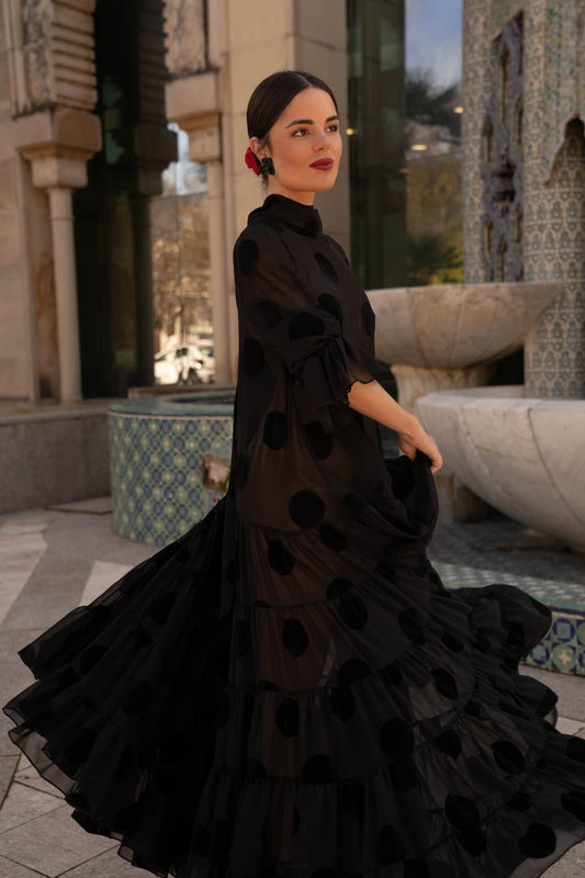 Vestido de Invitada Canastero Gasa lunar Flocado Negro VOLVER