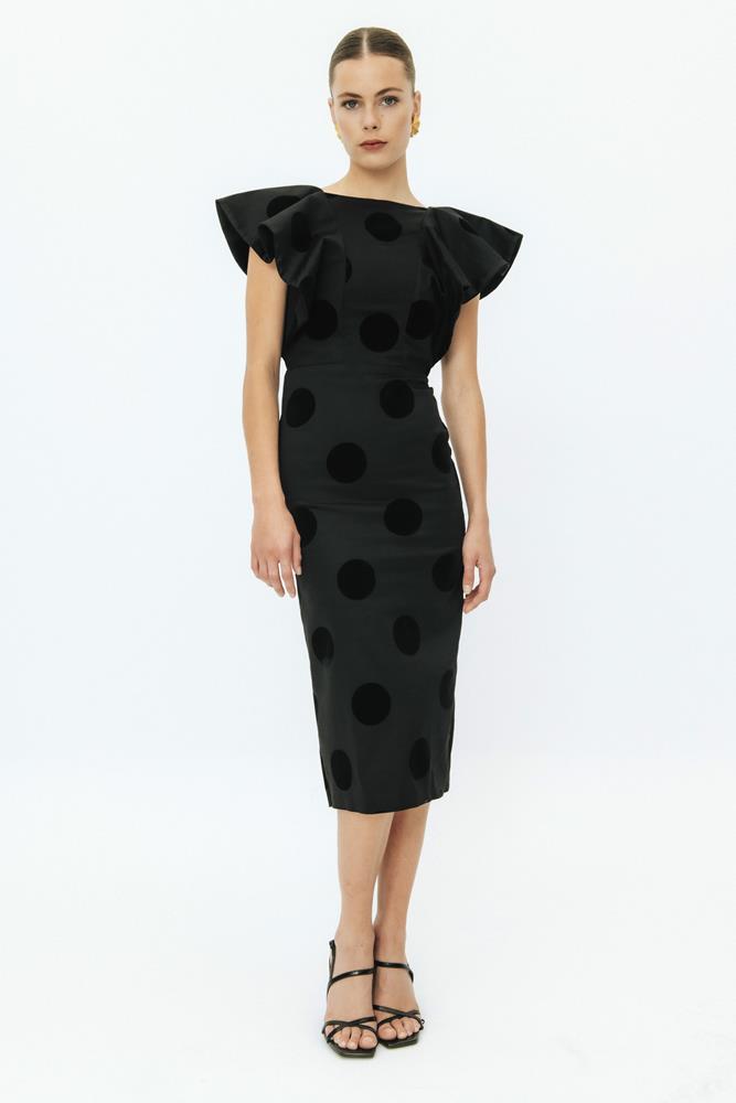 Vestido Rociana negro midi con volantes y lunares