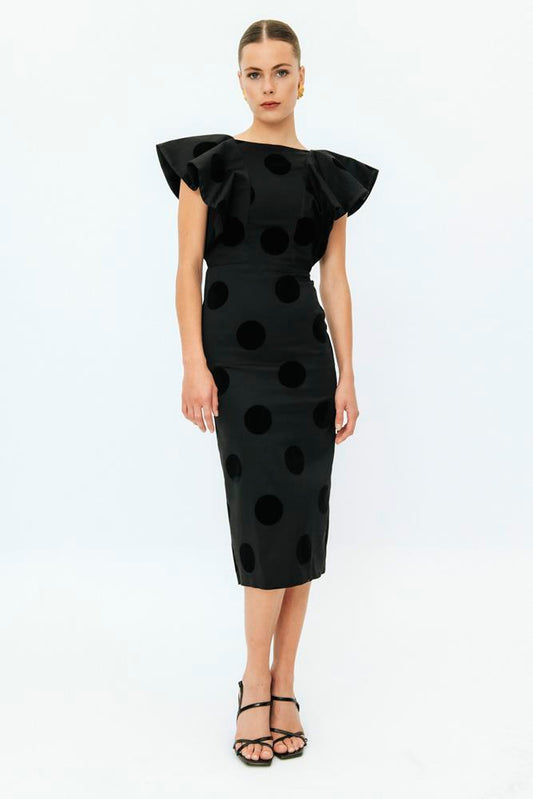 Vestido Rociana negro midi con volantes y lunares