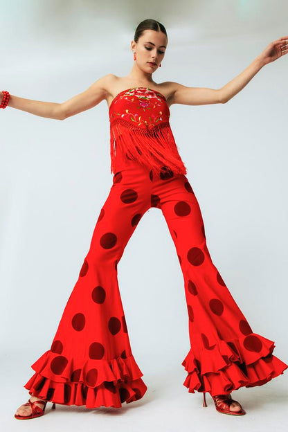 Pantalón de lunares rojo talle alto invitada Carmen