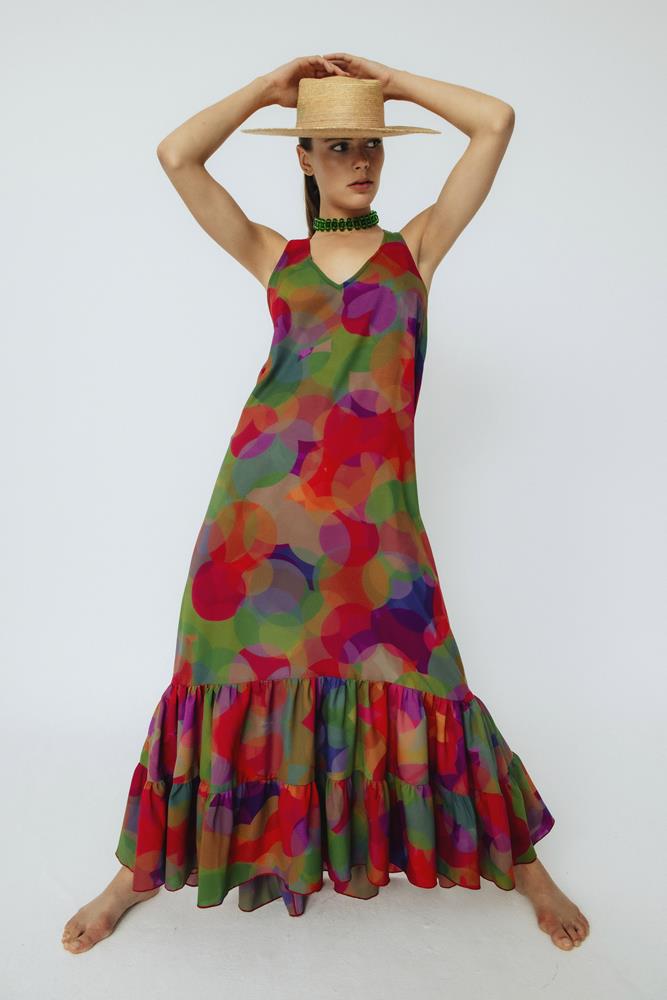 Vestido estampado de invitada Isabel Círculo Morado
