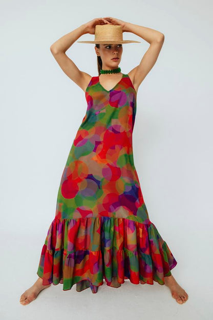 Vestido estampado de invitada Isabel Círculo Morado