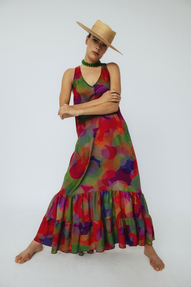 Vestido estampado de invitada Isabel Círculo Morado