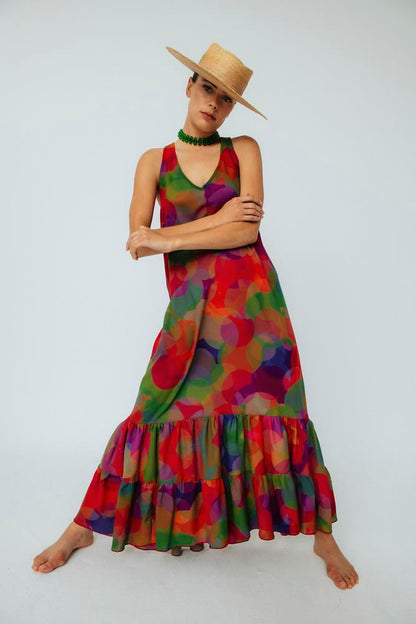 Vestido estampado de invitada Isabel Círculo Morado