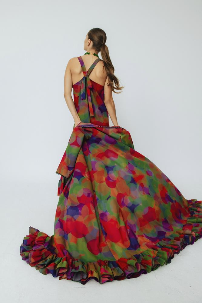 Vestido estampado de invitada Isabel Círculo Morado