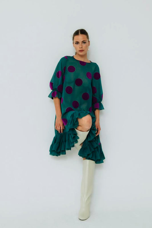 Vestido corto lunares Lolita verde con volante abajo
