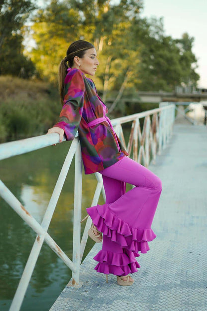 Chaqueta invitada morada crepé estampado círculo