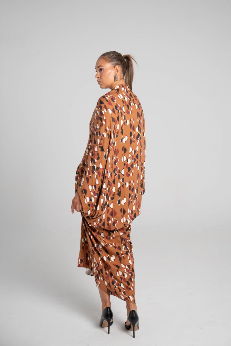 Vestido estampado geométrico Camel