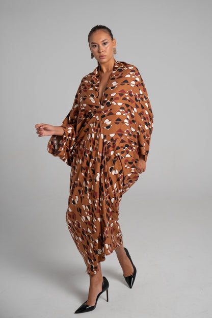 Vestido estampado geométrico Camel
