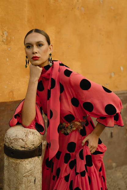 Vestido de Invitada Coral Canastero Gasa lunar Flocado VOLVER