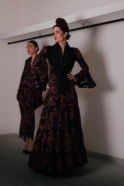Vestido de flamenca canastero en satén estampado