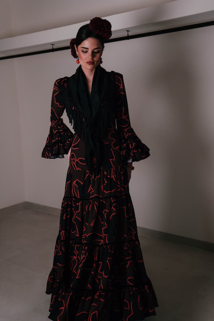 Vestido de flamenca canastero en satén estampado