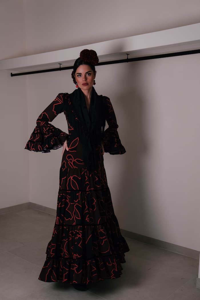 Vestido de flamenca canastero en satén estampado