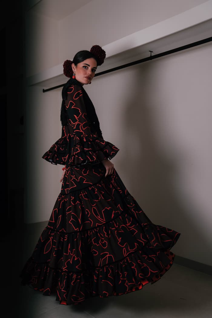Vestido de flamenca canastero en satén estampado