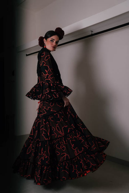 Vestido de flamenca canastero en satén estampado