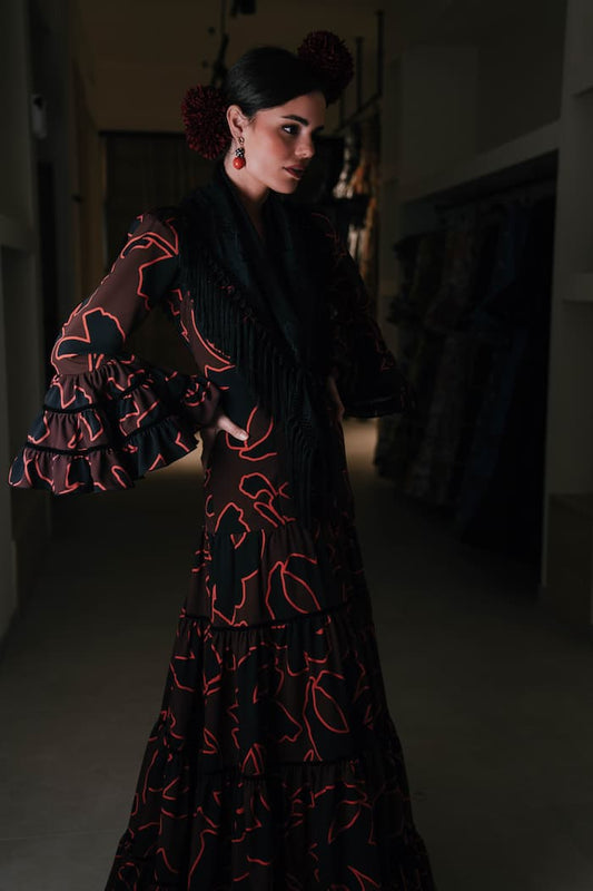 Vestido de flamenca canastero en satén estampado