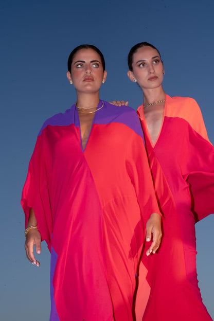 VESTIDO invitada SHAIRA TONOS MORADOS, FUCSIA Y ROJO