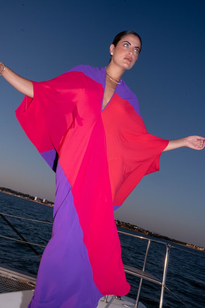 VESTIDO invitada SHAIRA TONOS MORADOS, FUCSIA Y ROJO