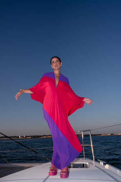 VESTIDO invitada SHAIRA TONOS MORADOS, FUCSIA Y ROJO