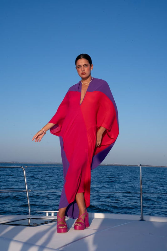 VESTIDO invitada SHAIRA TONOS MORADOS, FUCSIA Y ROJO