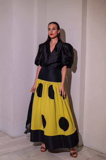 Falda con musetta en tafetán amarillo lima y negra