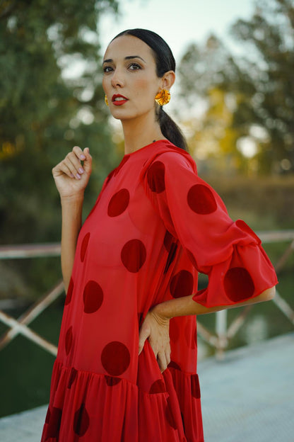 Vestido de Invitada Canastero Gasa lunar Flocado Rojo VOLVER