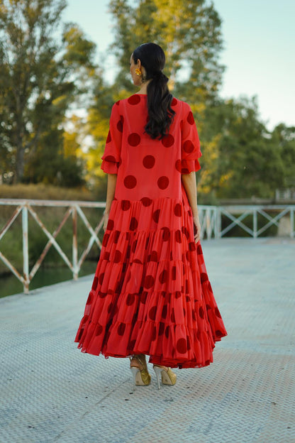 Vestido de Invitada Canastero Gasa lunar Flocado Rojo VOLVER