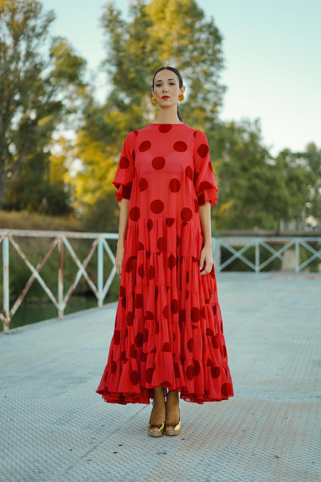 Vestido de Invitada Canastero Gasa lunar Flocado Rojo VOLVER