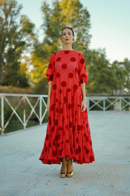 Vestido de Invitada Canastero Gasa lunar Flocado Rojo VOLVER