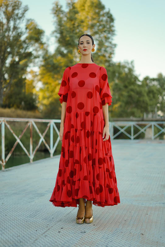 Vestido de Invitada Canastero Gasa lunar Flocado Rojo VOLVER