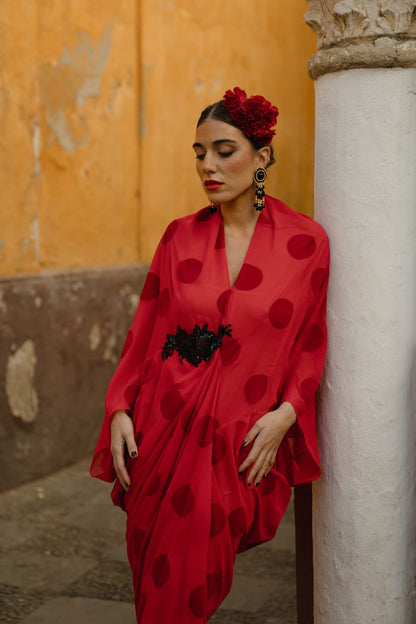 Vestido invitada rojo Shaira con lunares terciopelo rojos