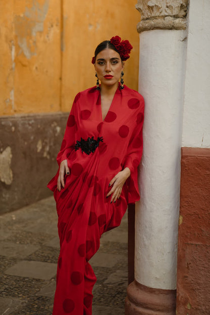 Vestido invitada rojo Shaira con lunares terciopelo rojos