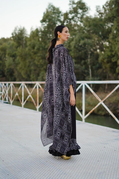 Pantalón de Invitada con Volantes Gasa Print Negro OLVIDO