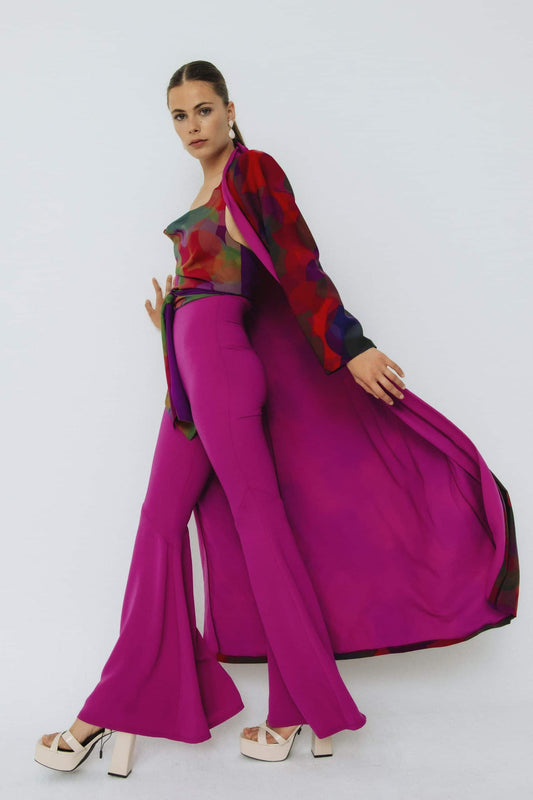 Kimono Triana Morado Crepé Estampado Circulo.