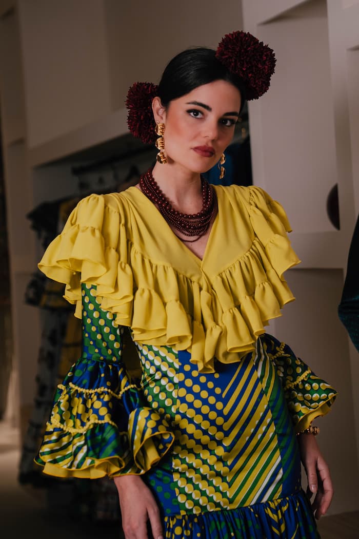 Vestido de flamenca canastero multicolor lunares y rayas