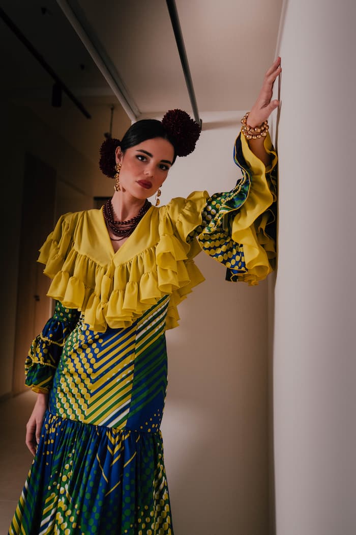 Vestido de flamenca canastero multicolor lunares y rayas