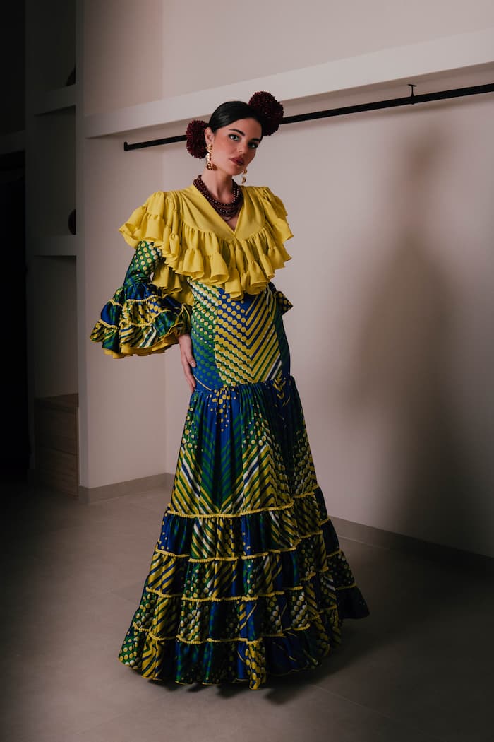 Vestido de flamenca canastero multicolor lunares y rayas