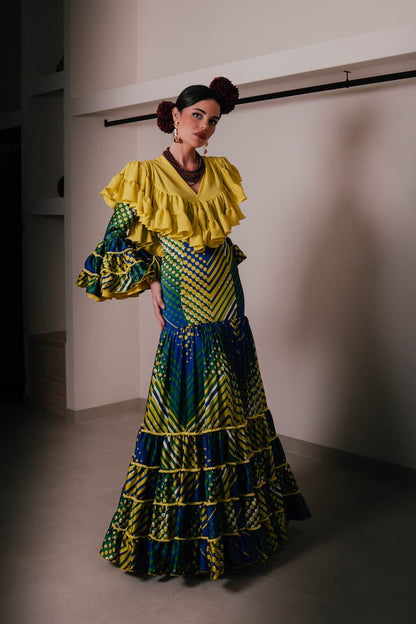 Vestido de flamenca canastero multicolor lunares y rayas