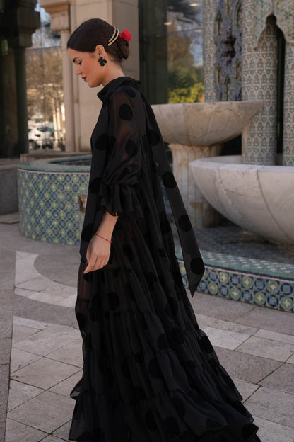 Vestido de Invitada Canastero Gasa lunar Flocado Negro VOLVER