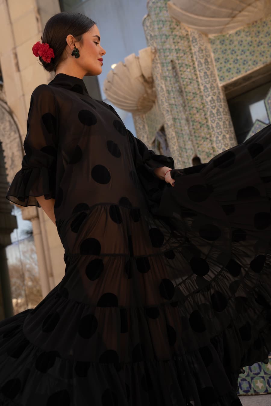 Vestido de Invitada Canastero Gasa lunar Flocado Negro VOLVER