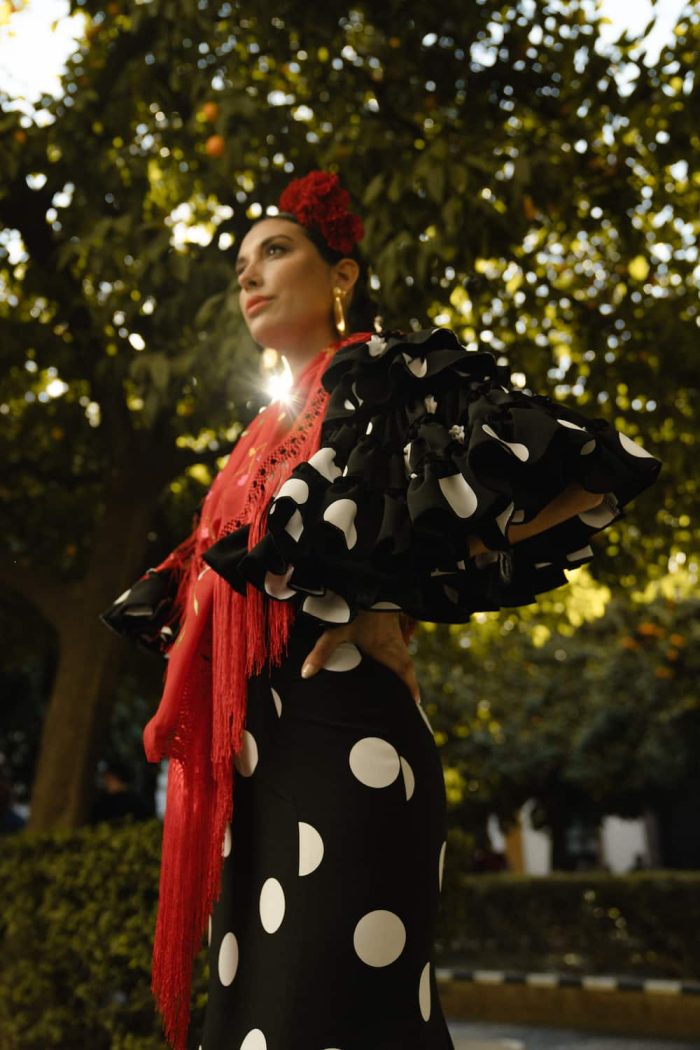 vestido flamenca negro lunar blanco