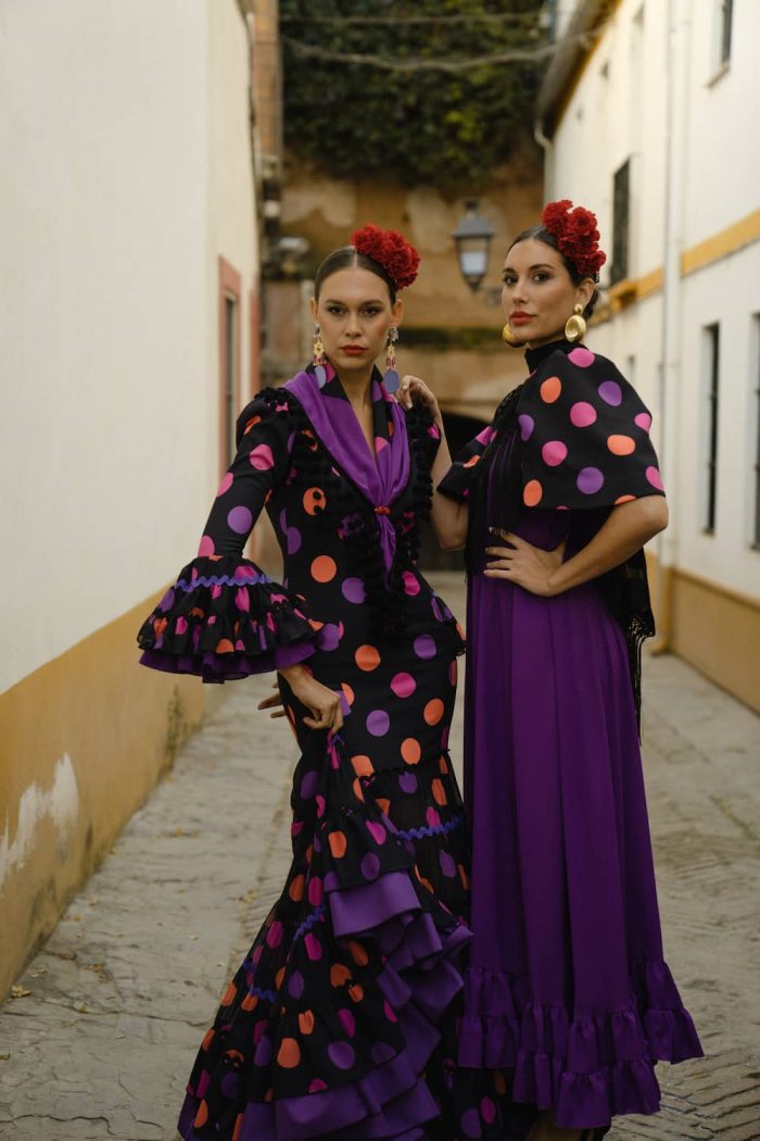 vestido flamenca morado y naranja