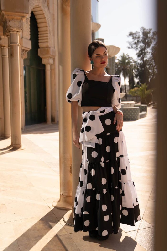conjunto flamenco de invitada blanco y negro