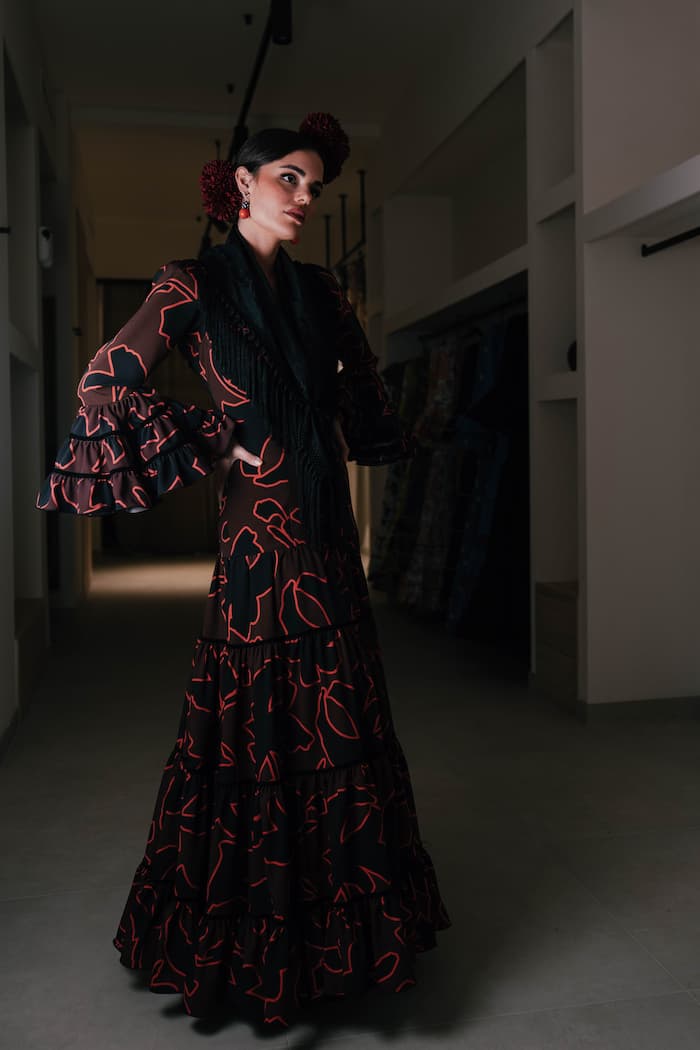 Vestido de flamenca canastero en satén estampado